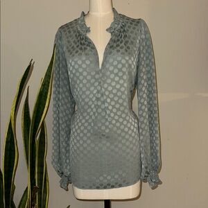 Max Studio Silky Blue Polka Dot Blouse with Ruffles V Neck Fall Color Season